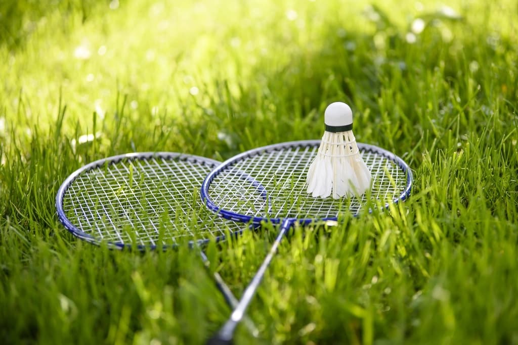 Badminton racket and shuttlecock on court